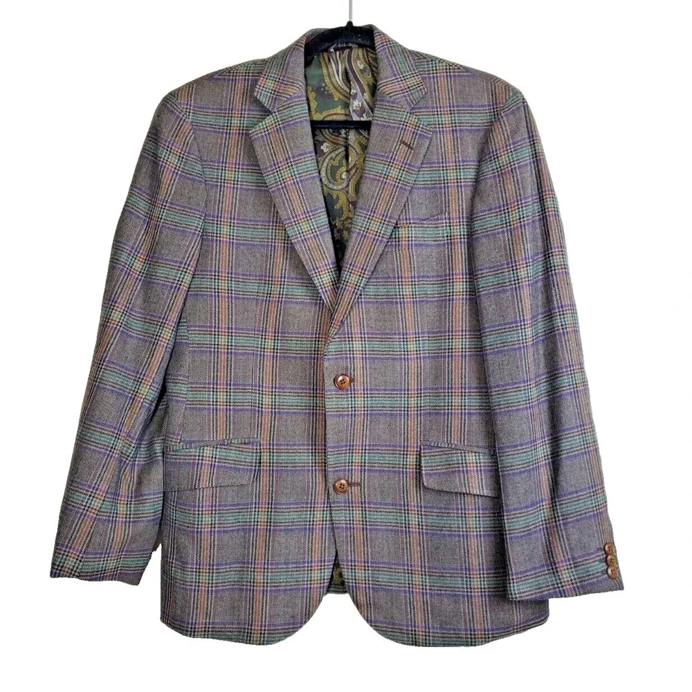 ETRO Mens Blazer 48 Suit Jacket 100% WOOL Plaid Made‎ In Italy Brown Silk Lined